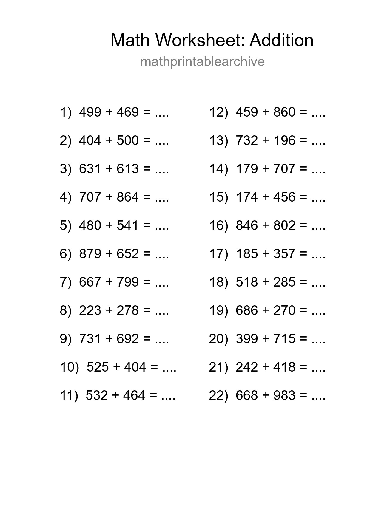 Grade 5 Addition Practice Worksheet (22 Problems) - Part 254