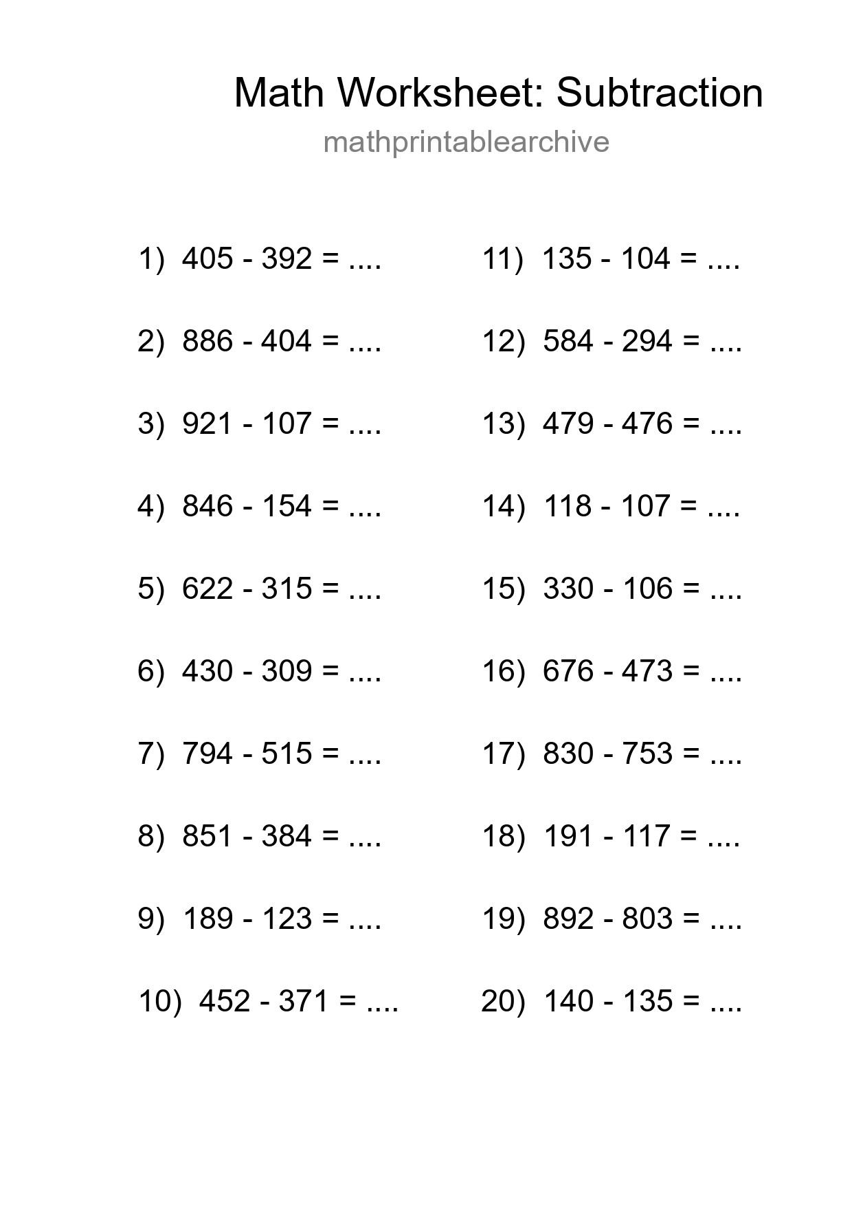 Grade 5 Subtraction Practice Worksheet (20 Problems) - Part 195