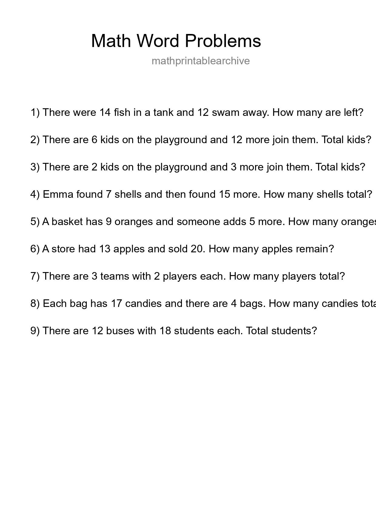 Math Word Problem Worksheet