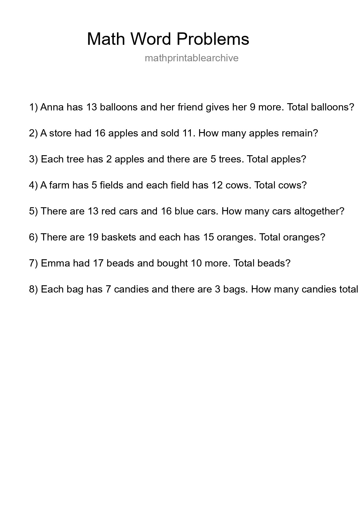 Math Word Problem Worksheet