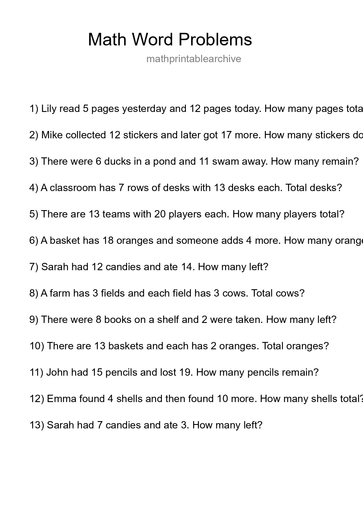 Math Word Problem Worksheet