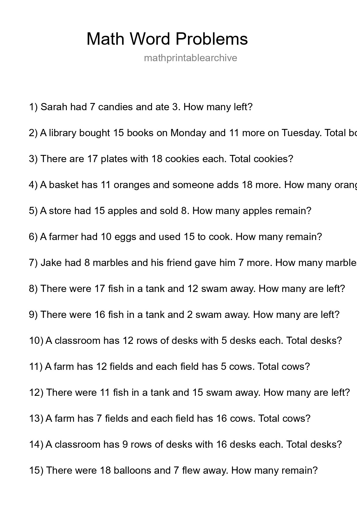 Math Word Problem Worksheet