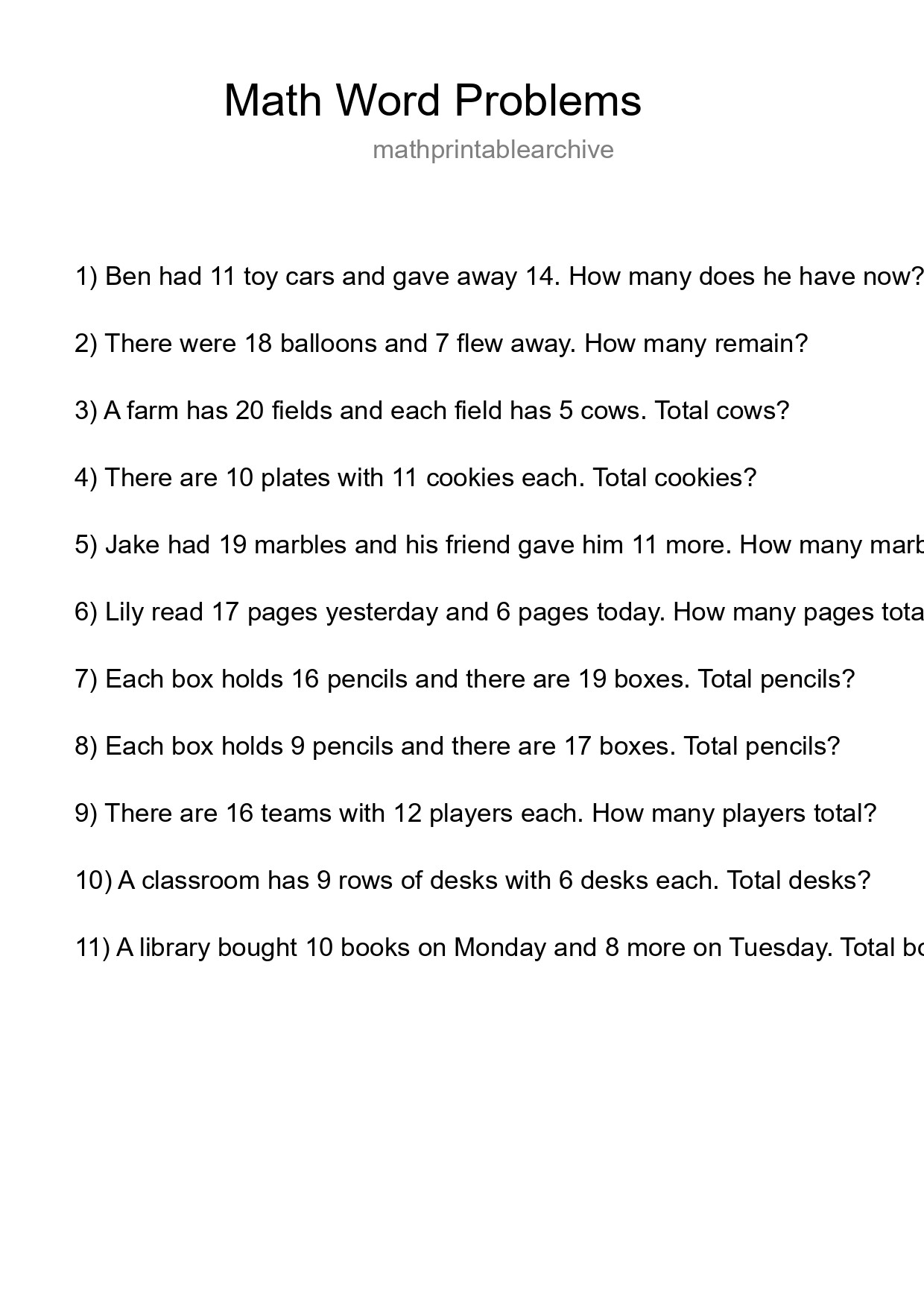 Math Word Problem Worksheet