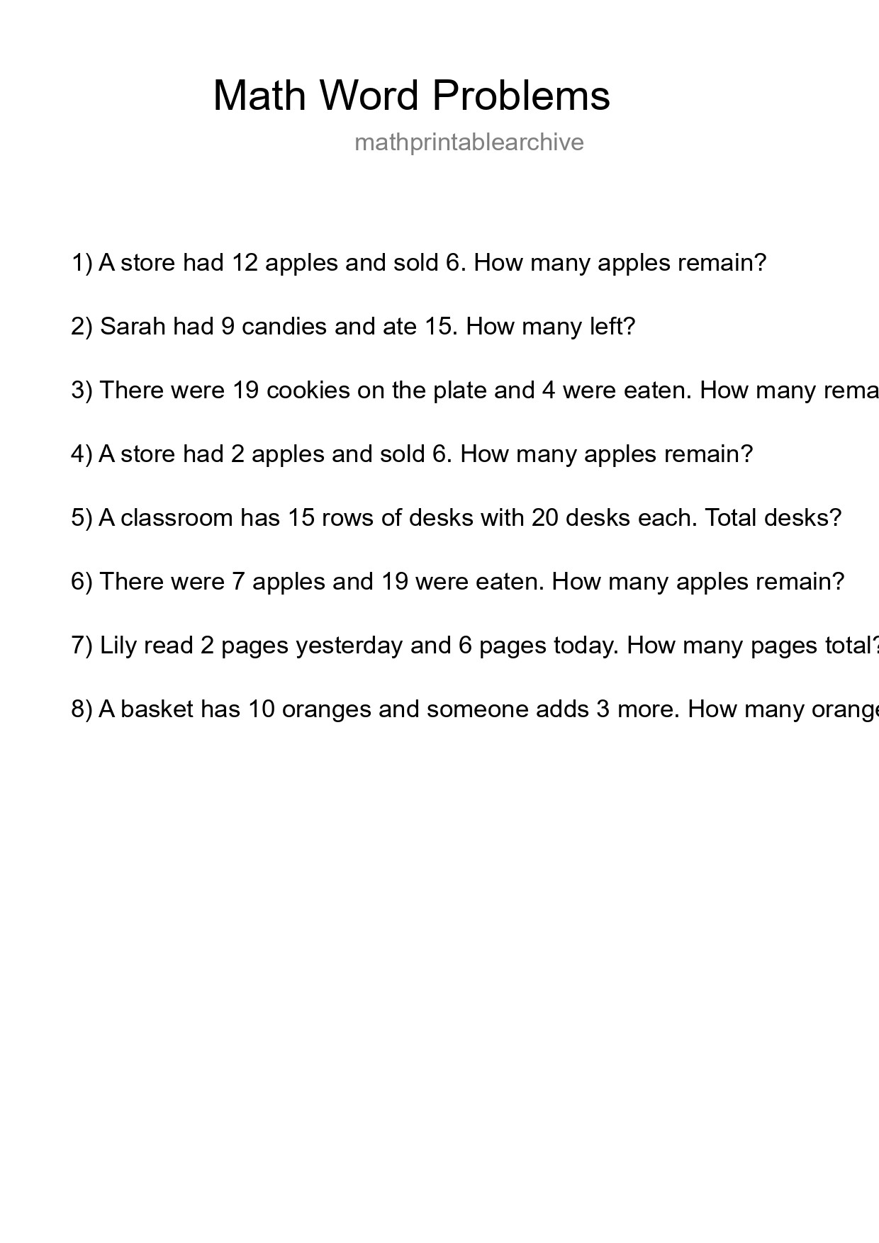 Math Word Problem Worksheet