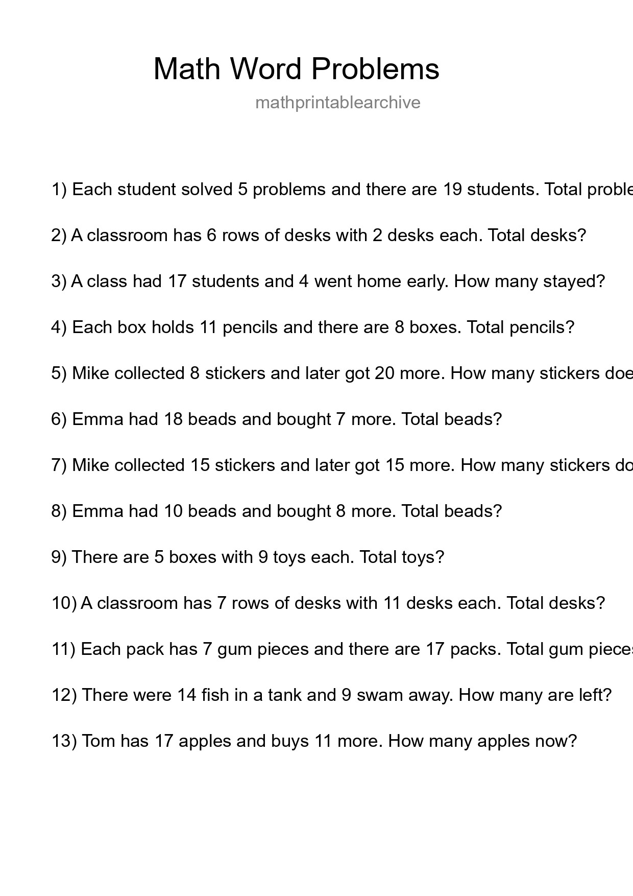 Math Word Problem Worksheet