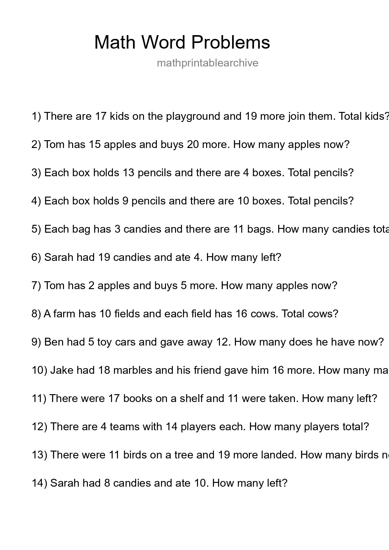 Math Word Problem Worksheet