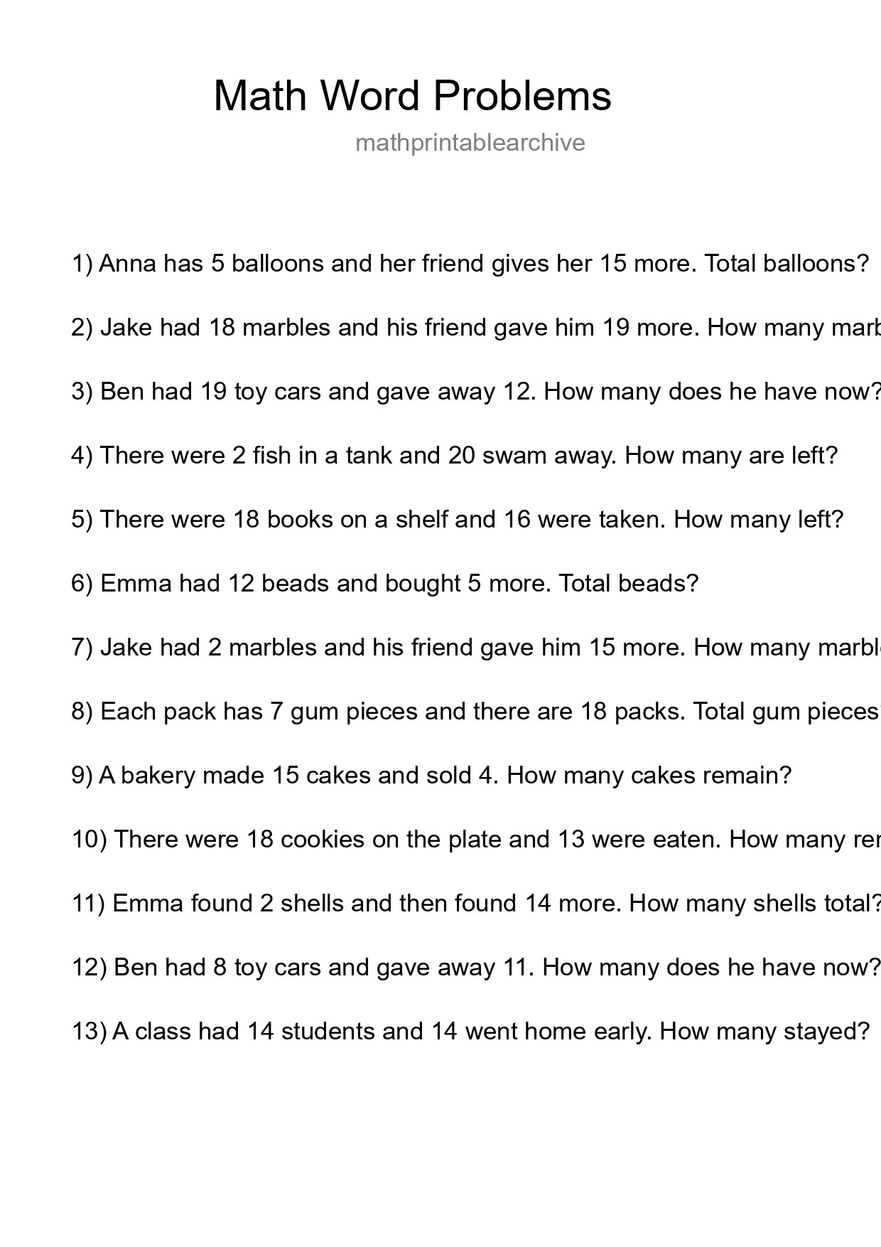 Math Word Problem Worksheet