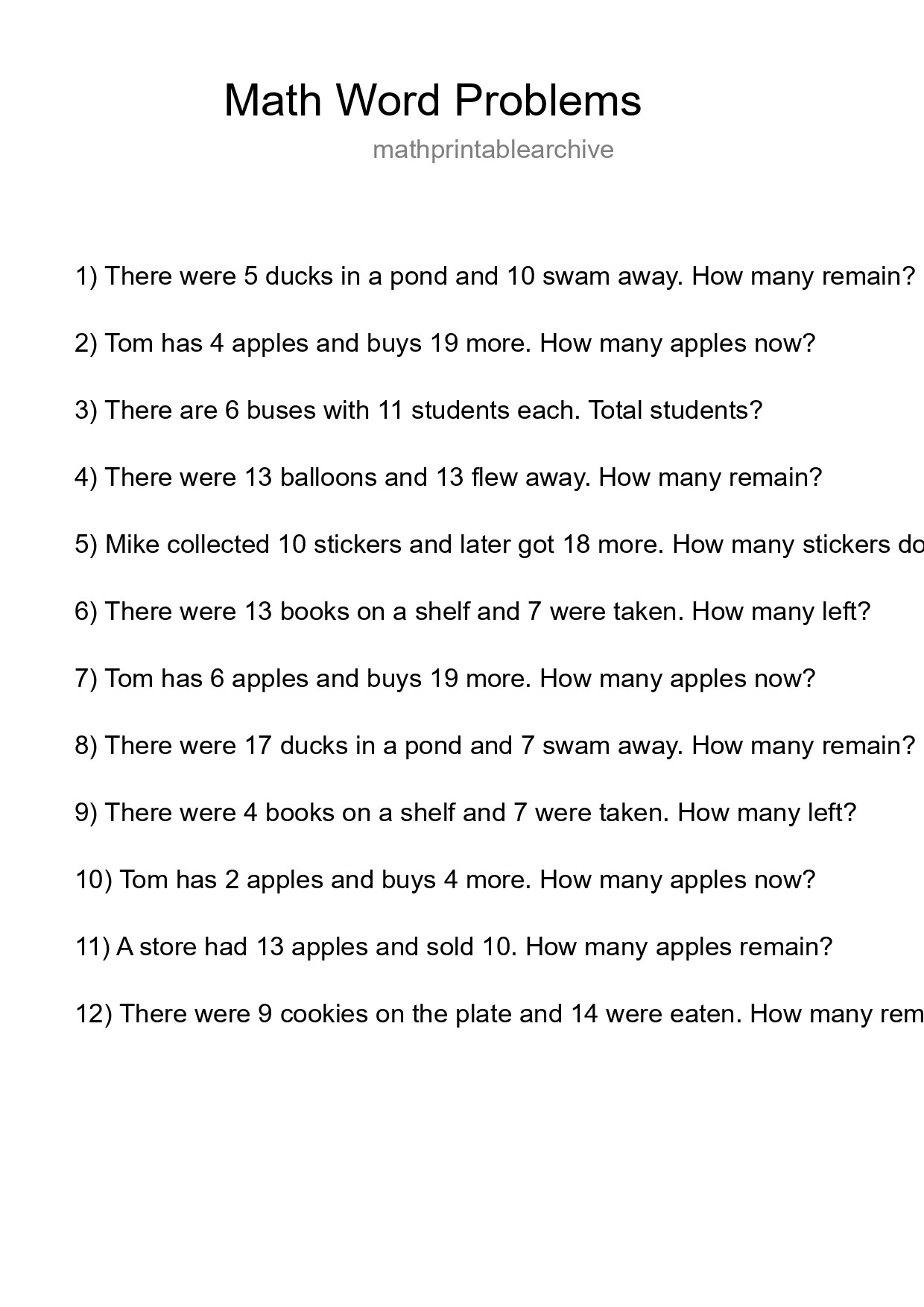 Math Word Problem Worksheet