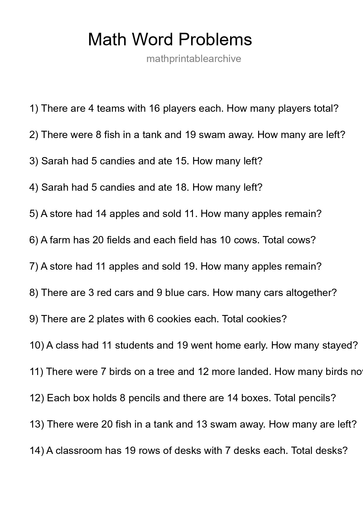 Math Word Problem Worksheet