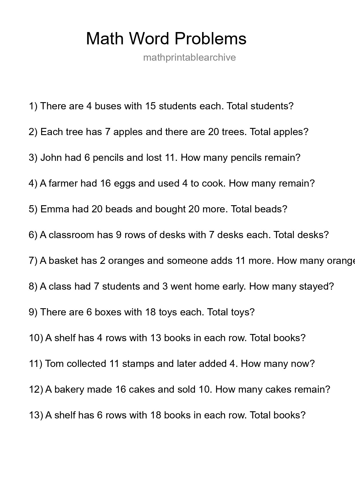 Math Word Problem Worksheet