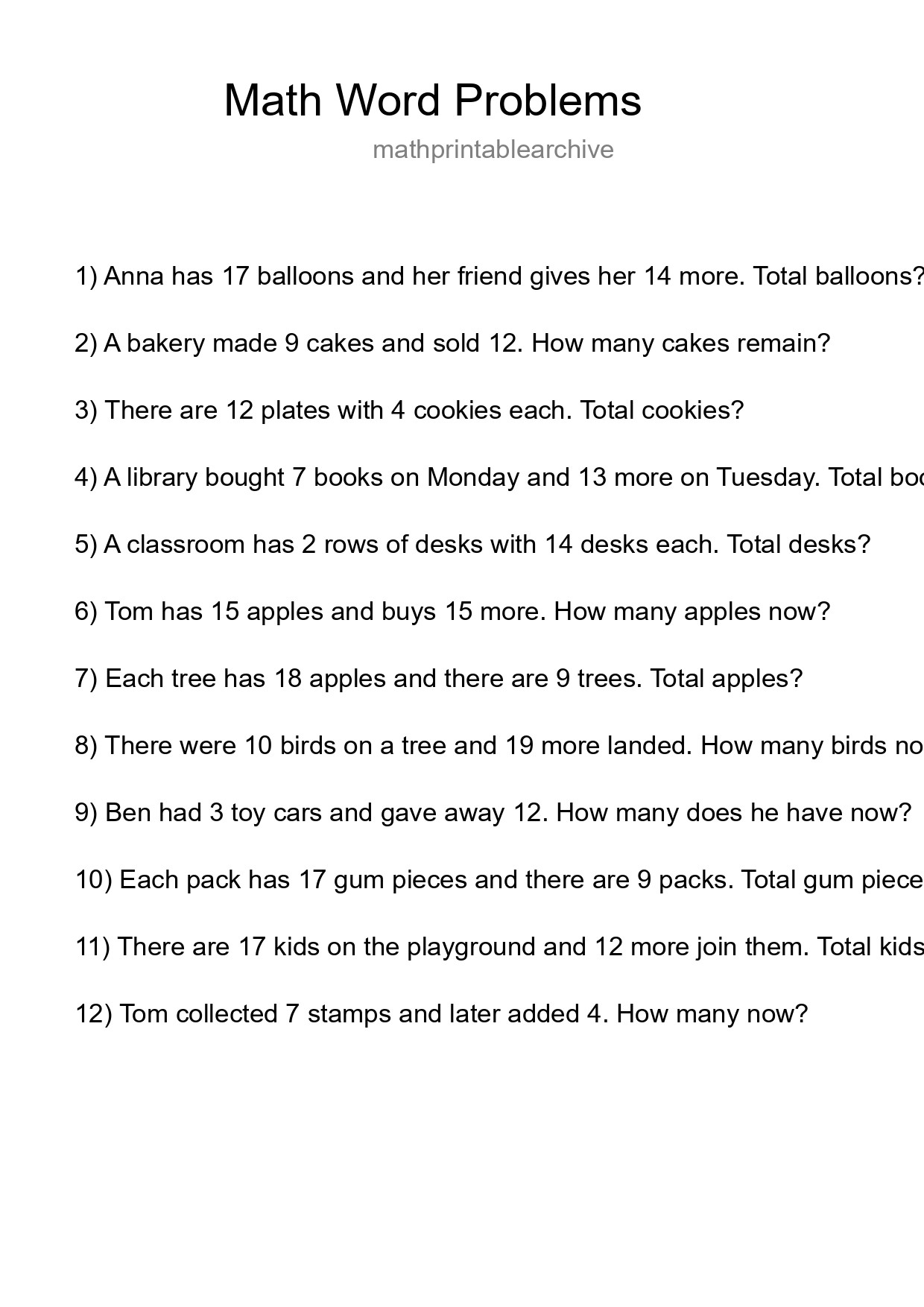 Math Word Problem Worksheet