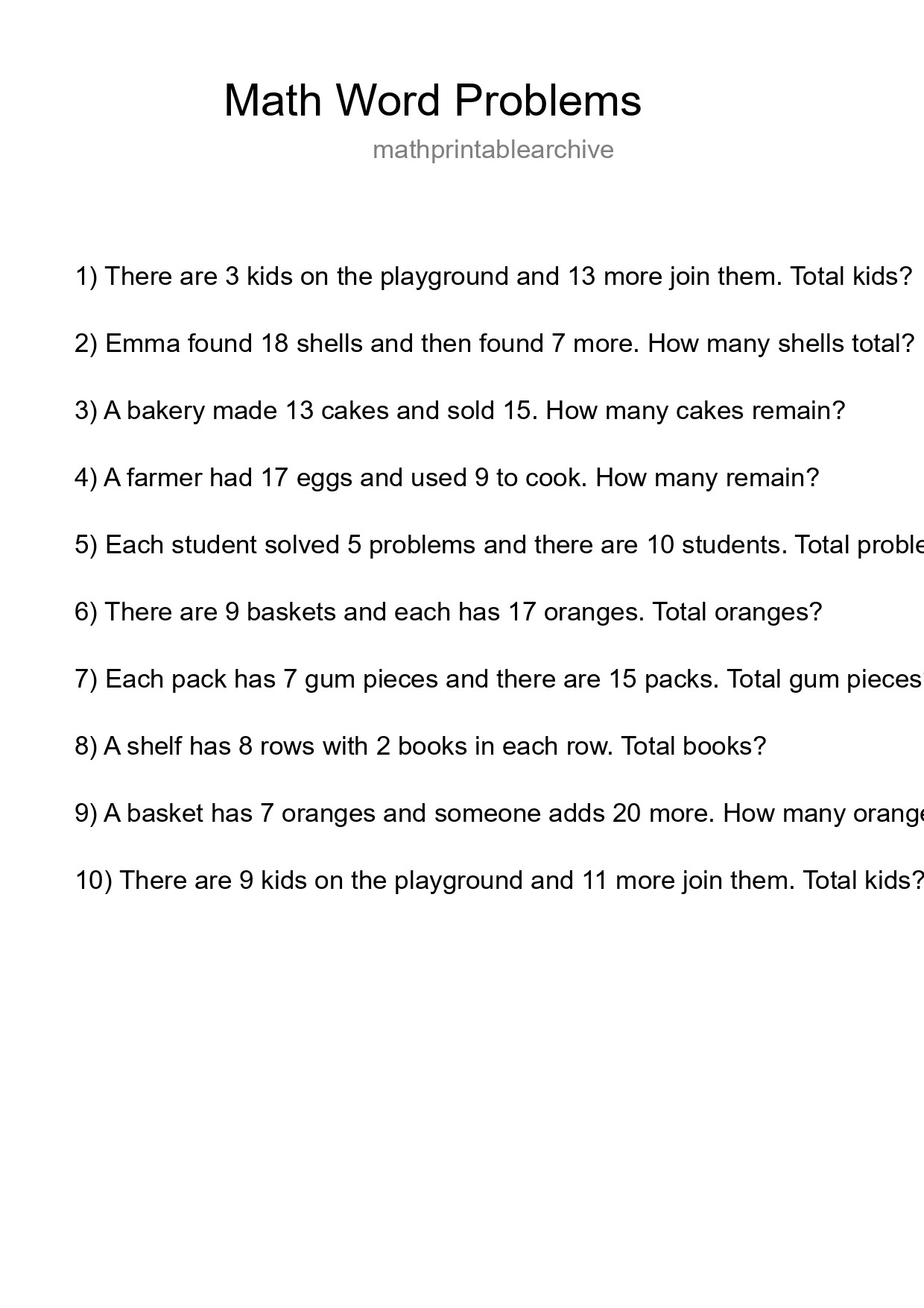 Math Word Problem Worksheet