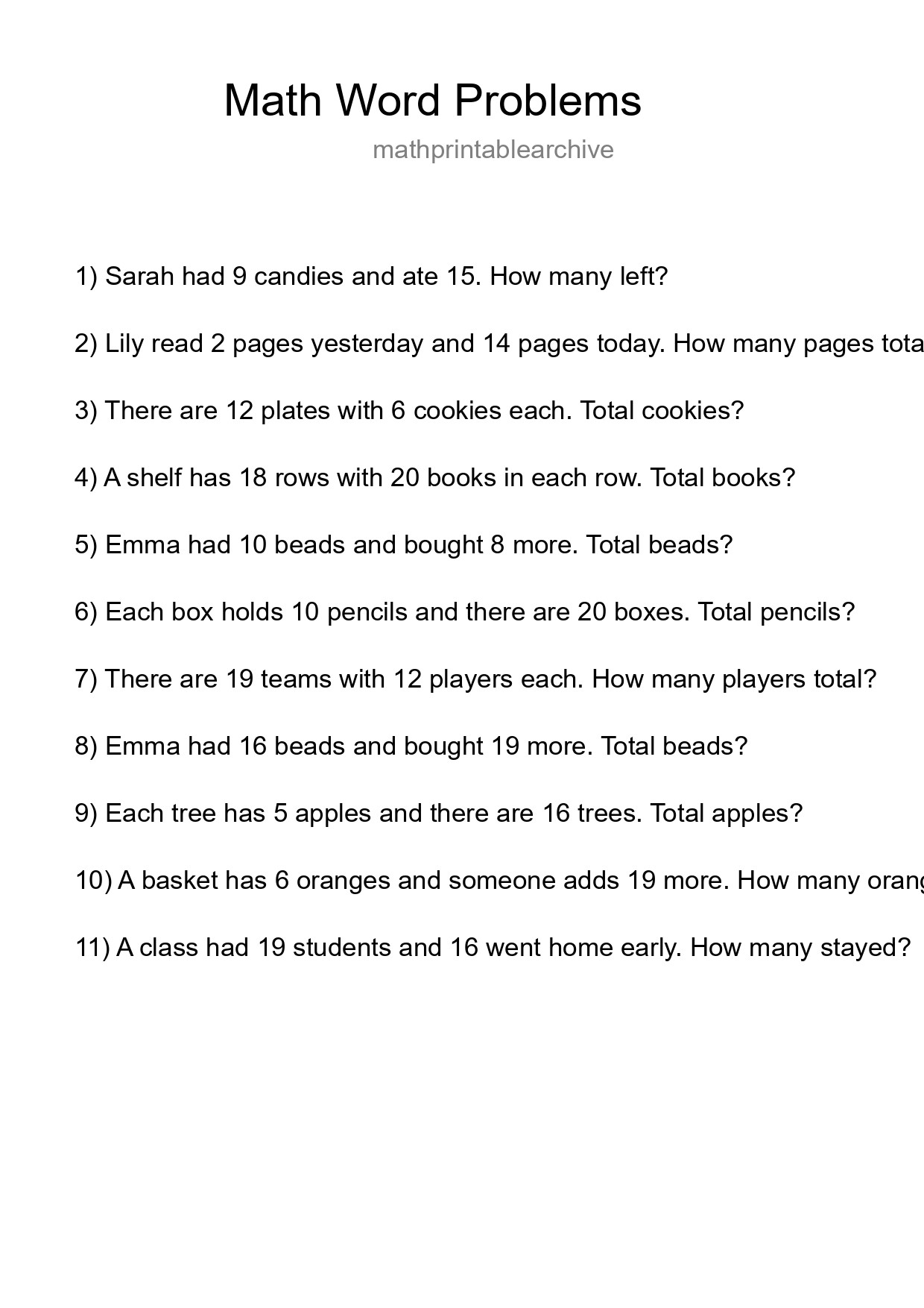 Math Word Problem Worksheet