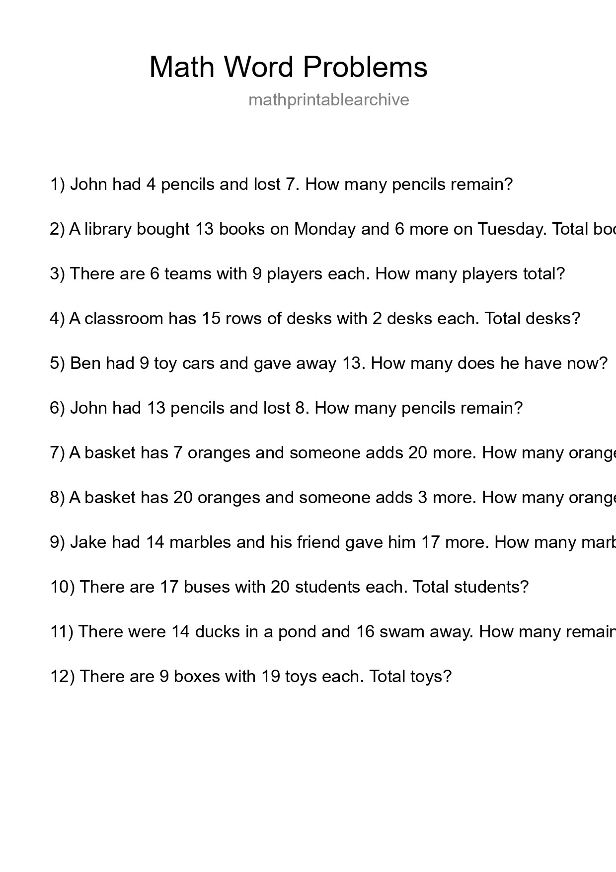 Math Word Problem Worksheet