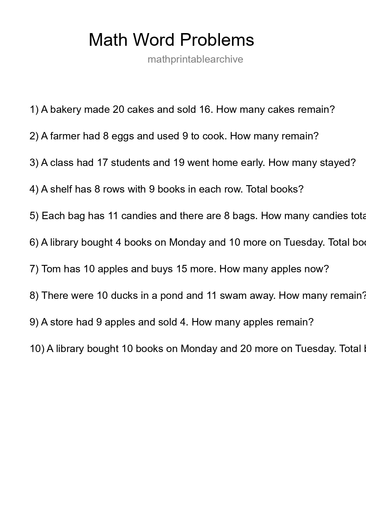 Math Word Problem Worksheet