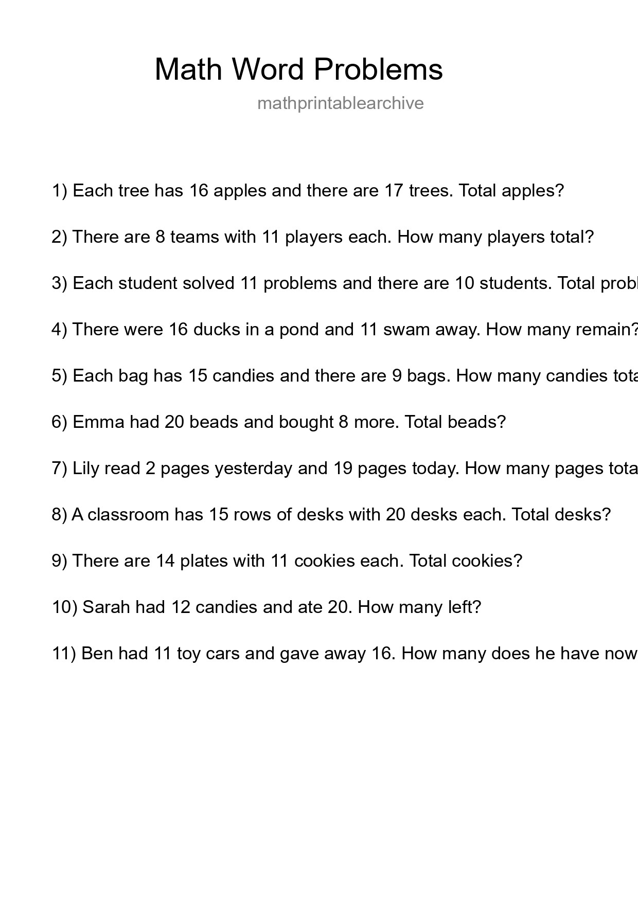 Math Word Problem Worksheet