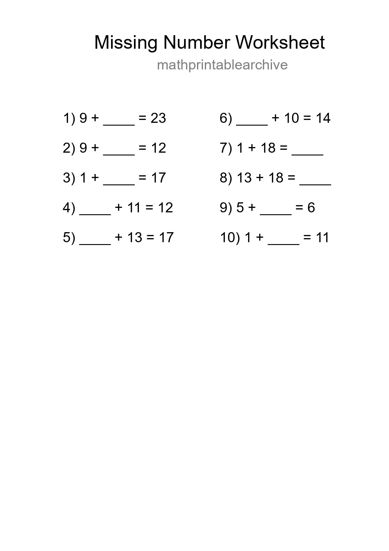 Missing Number Math Worksheet