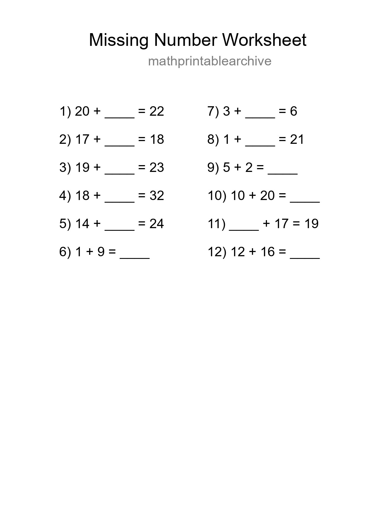 Missing Number Math Worksheet