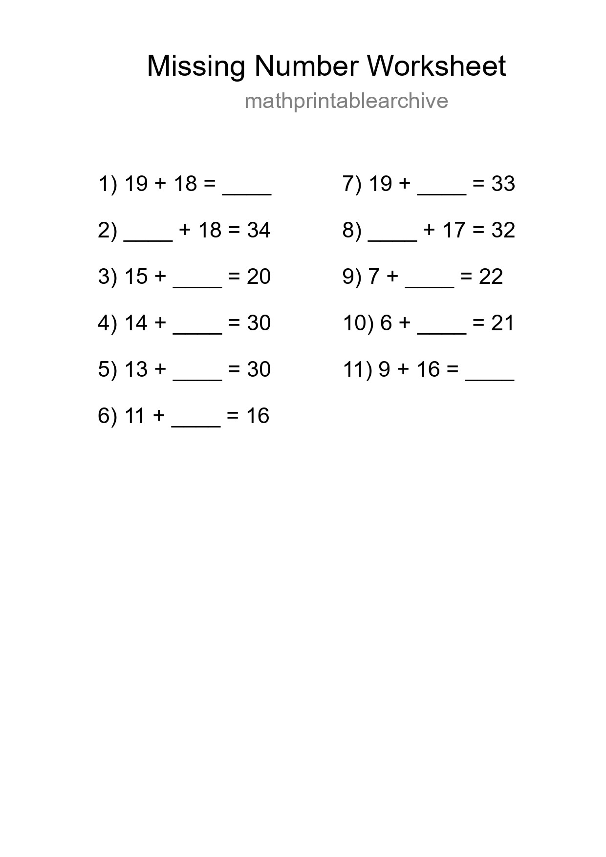 Missing Number Math Worksheet