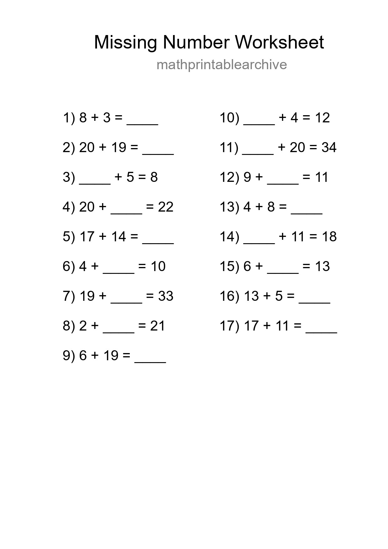 Missing Number Math Worksheet