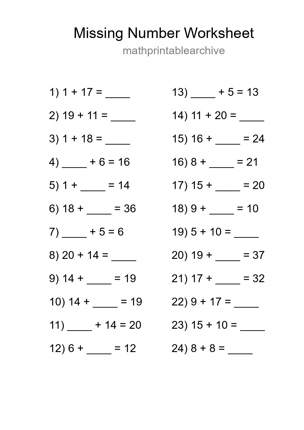Missing Number Math Worksheet