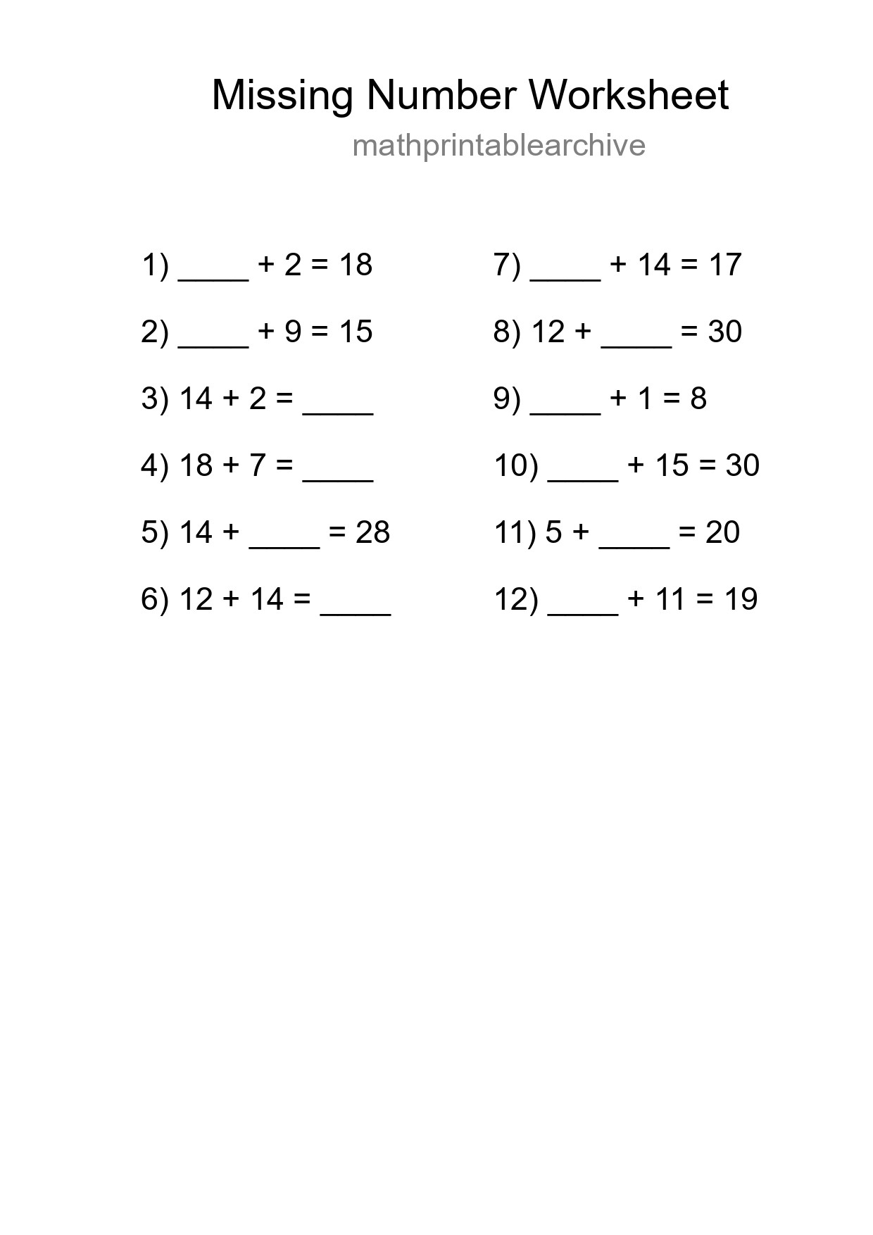 Missing Number Math Worksheet