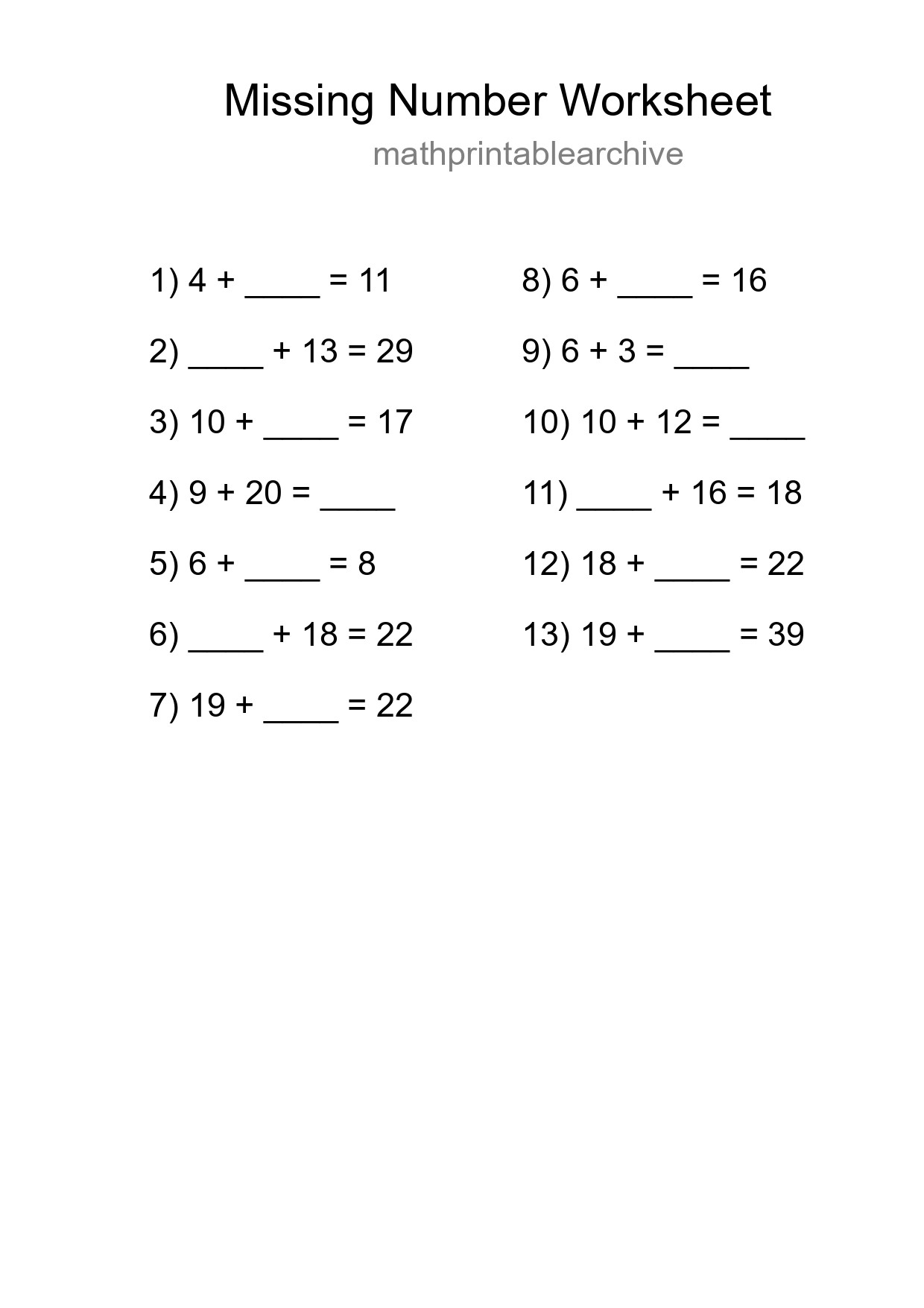 Missing Number Math Worksheet