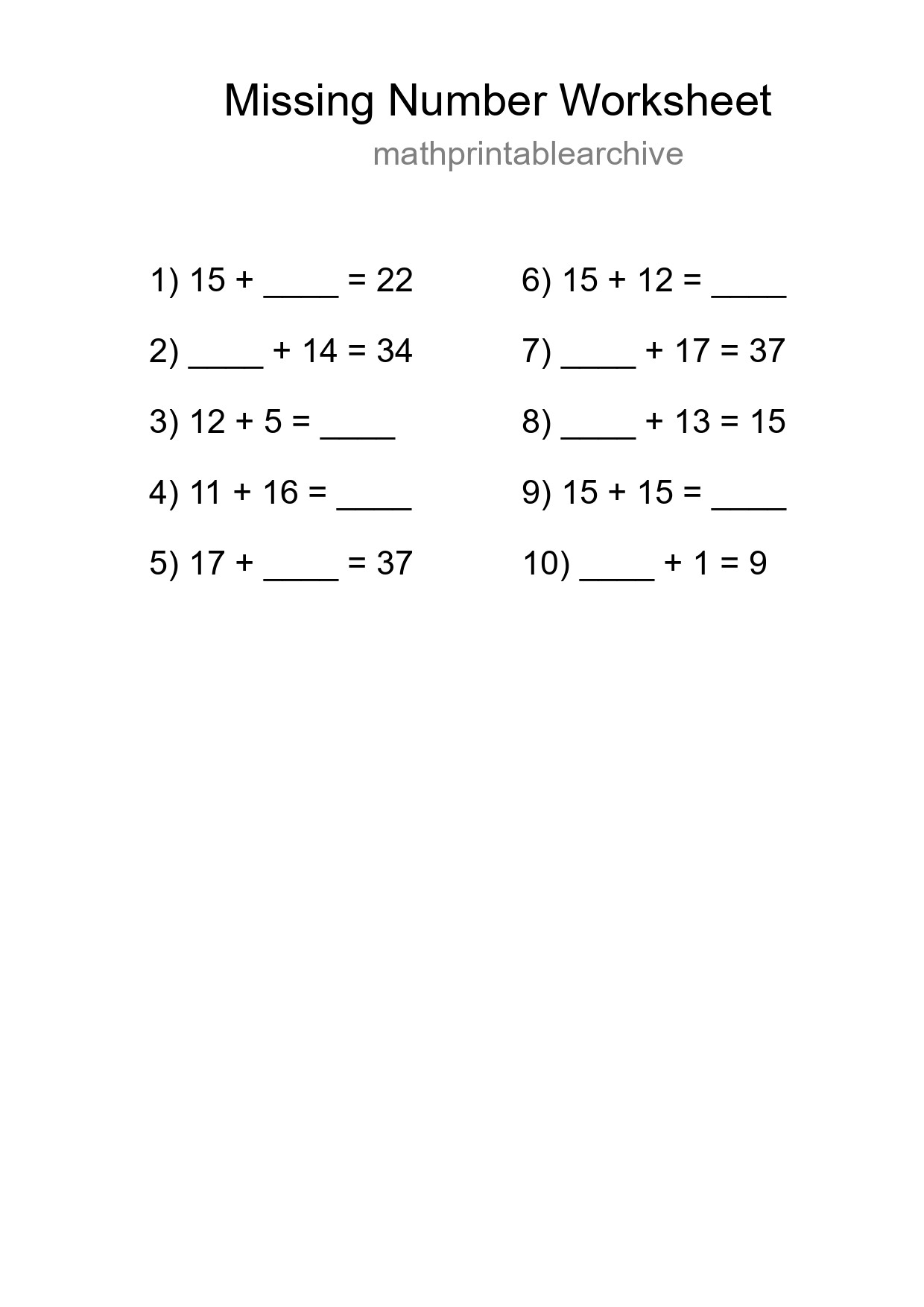 Missing Number Math Worksheet