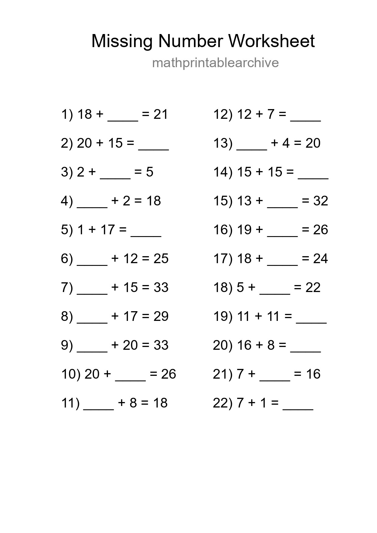 Missing Number Math Worksheet