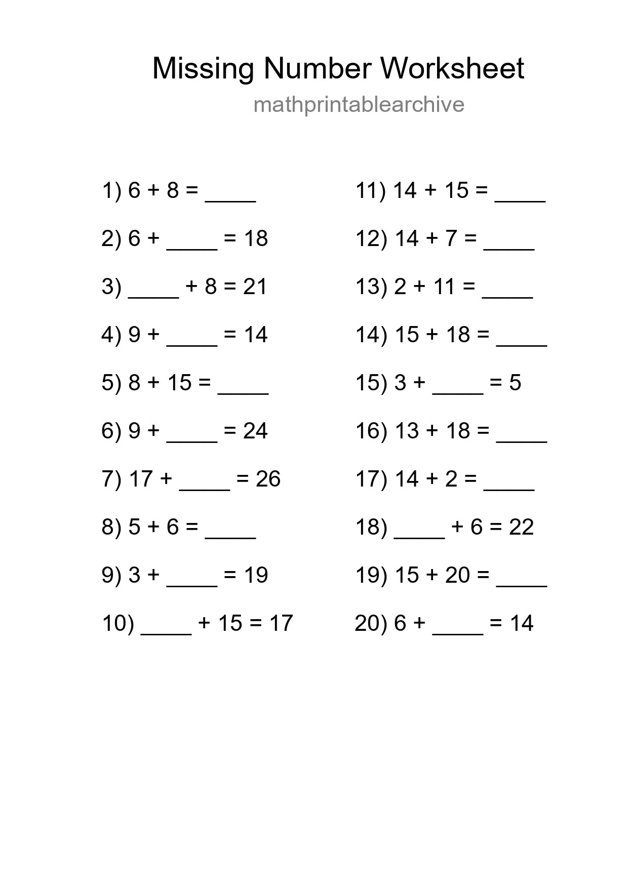 Missing Number Math Worksheet