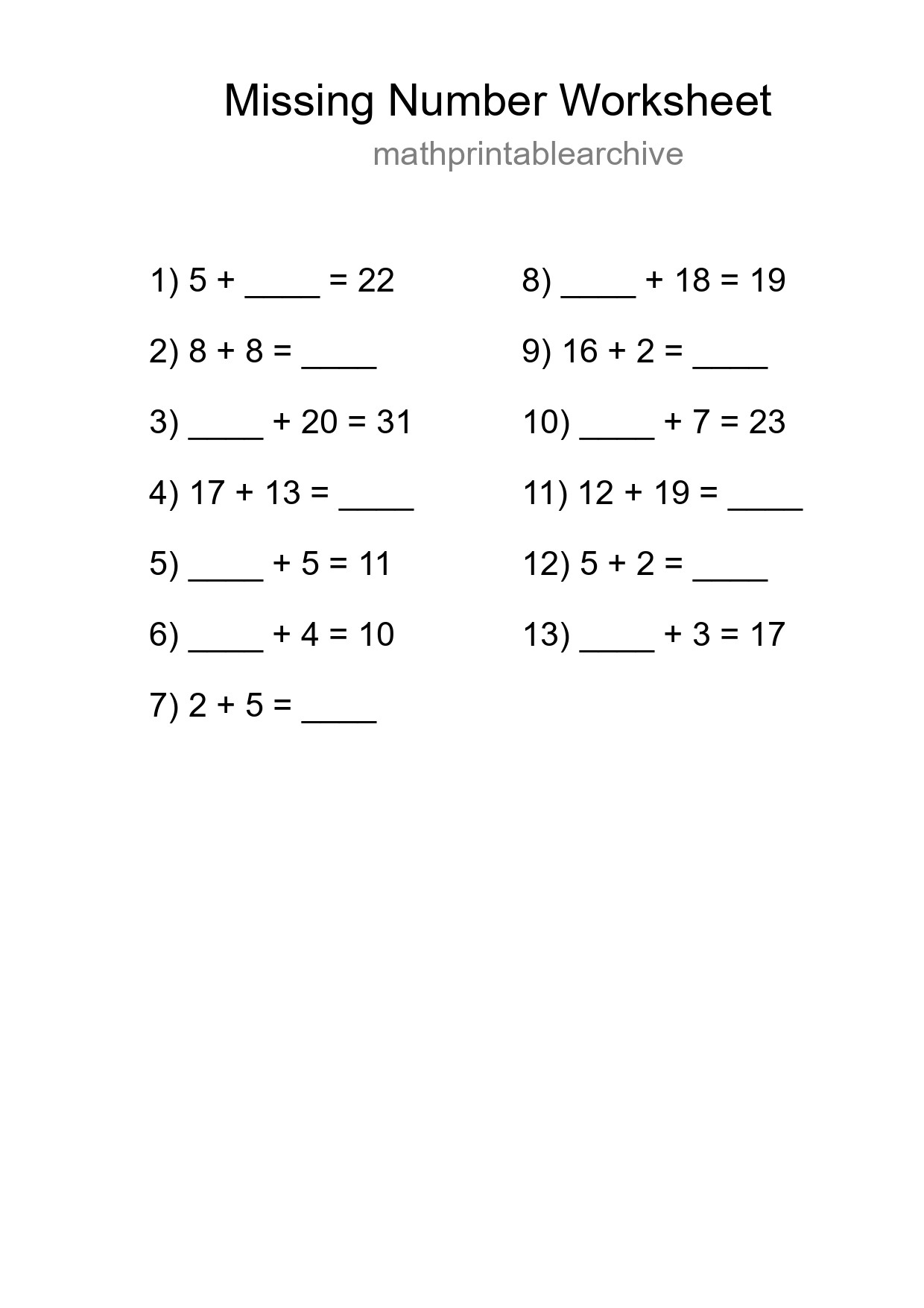Missing Number Math Worksheet