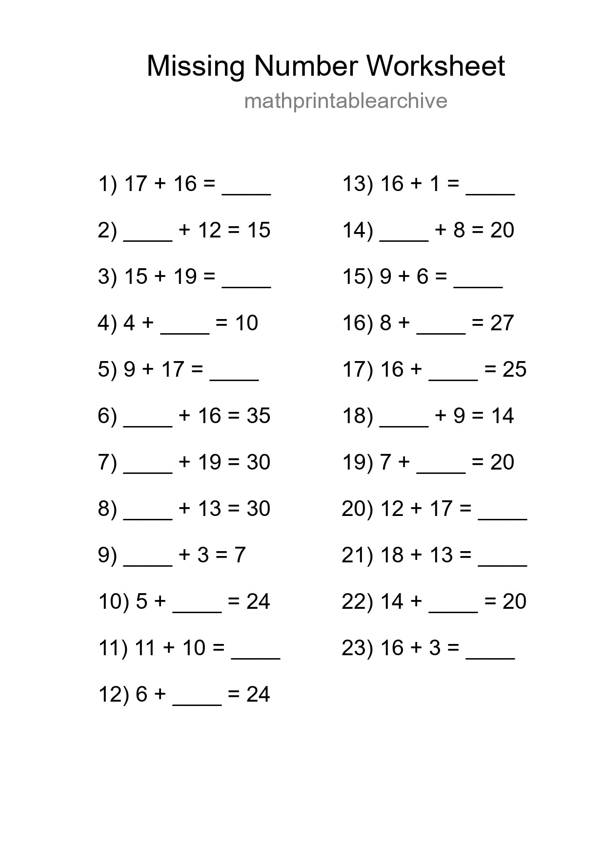 Missing Number Math Worksheet