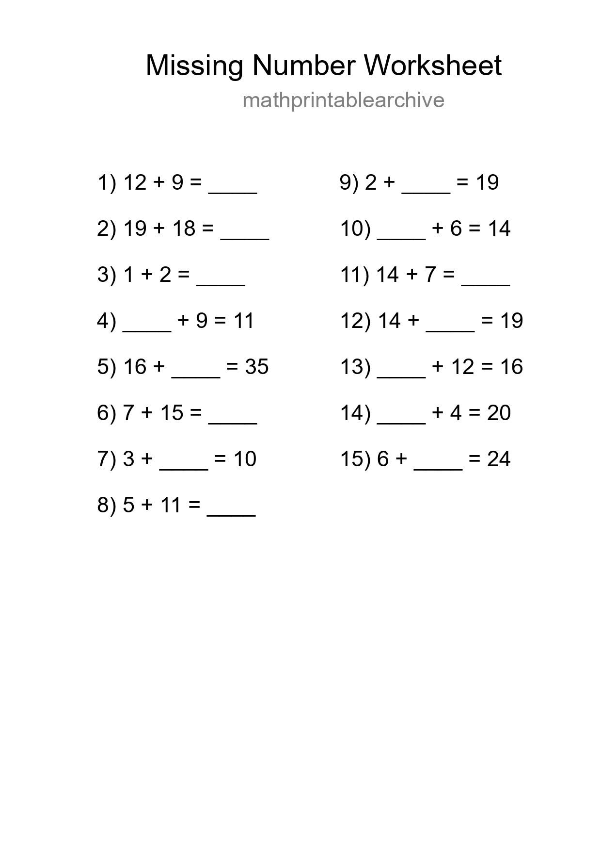 Missing Number Math Worksheet