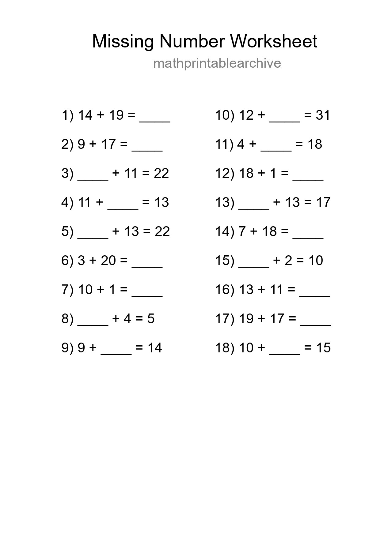 Missing Number Math Worksheet