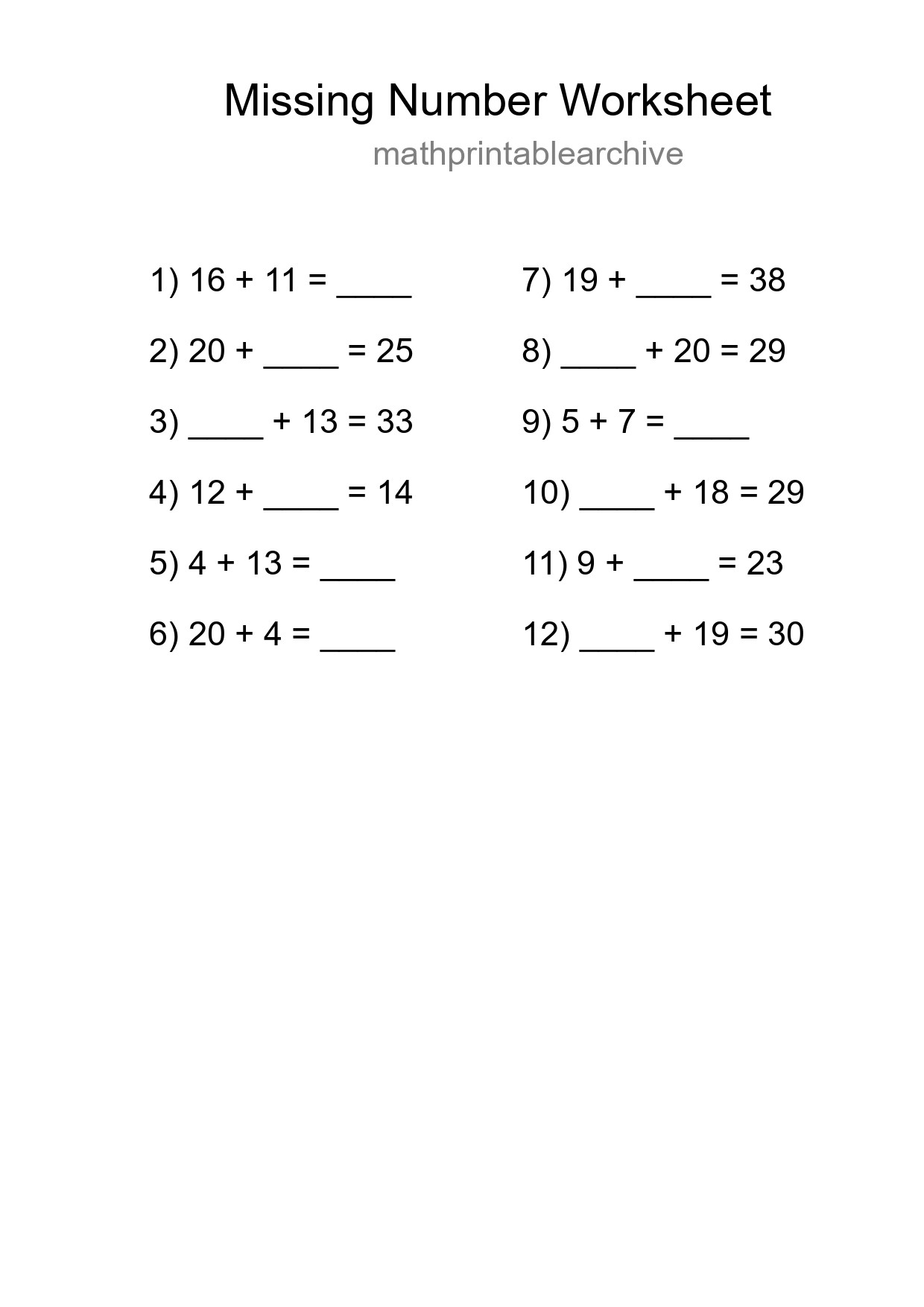 Missing Number Math Worksheet