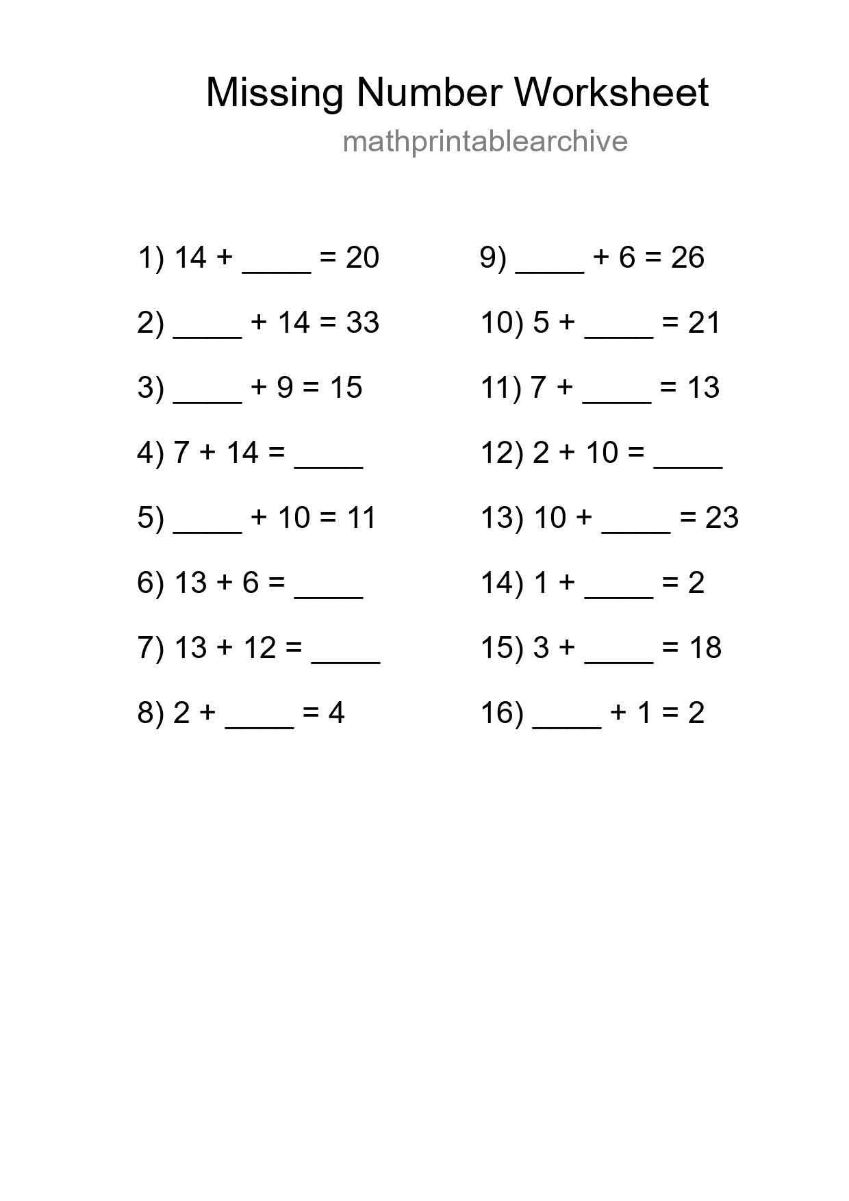 Missing Number Math Worksheet