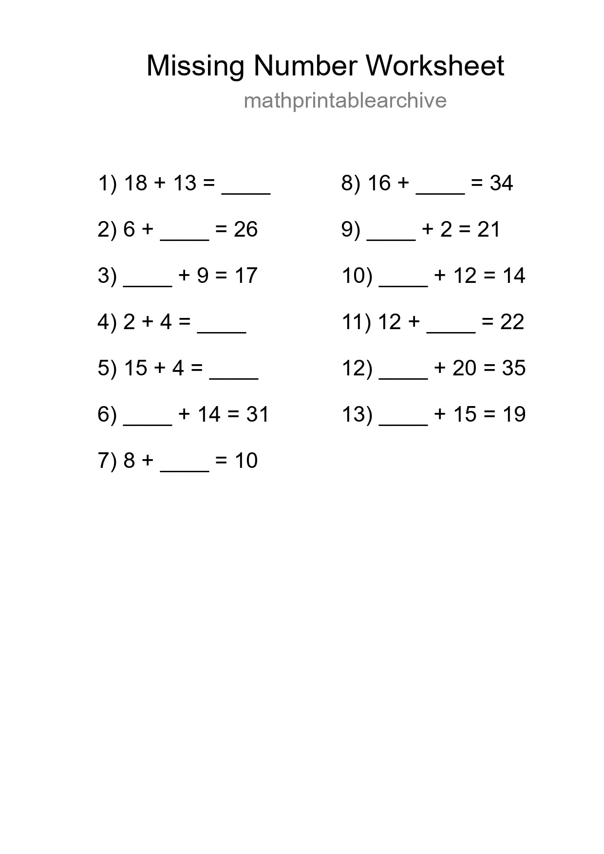 Missing Number Math Worksheet