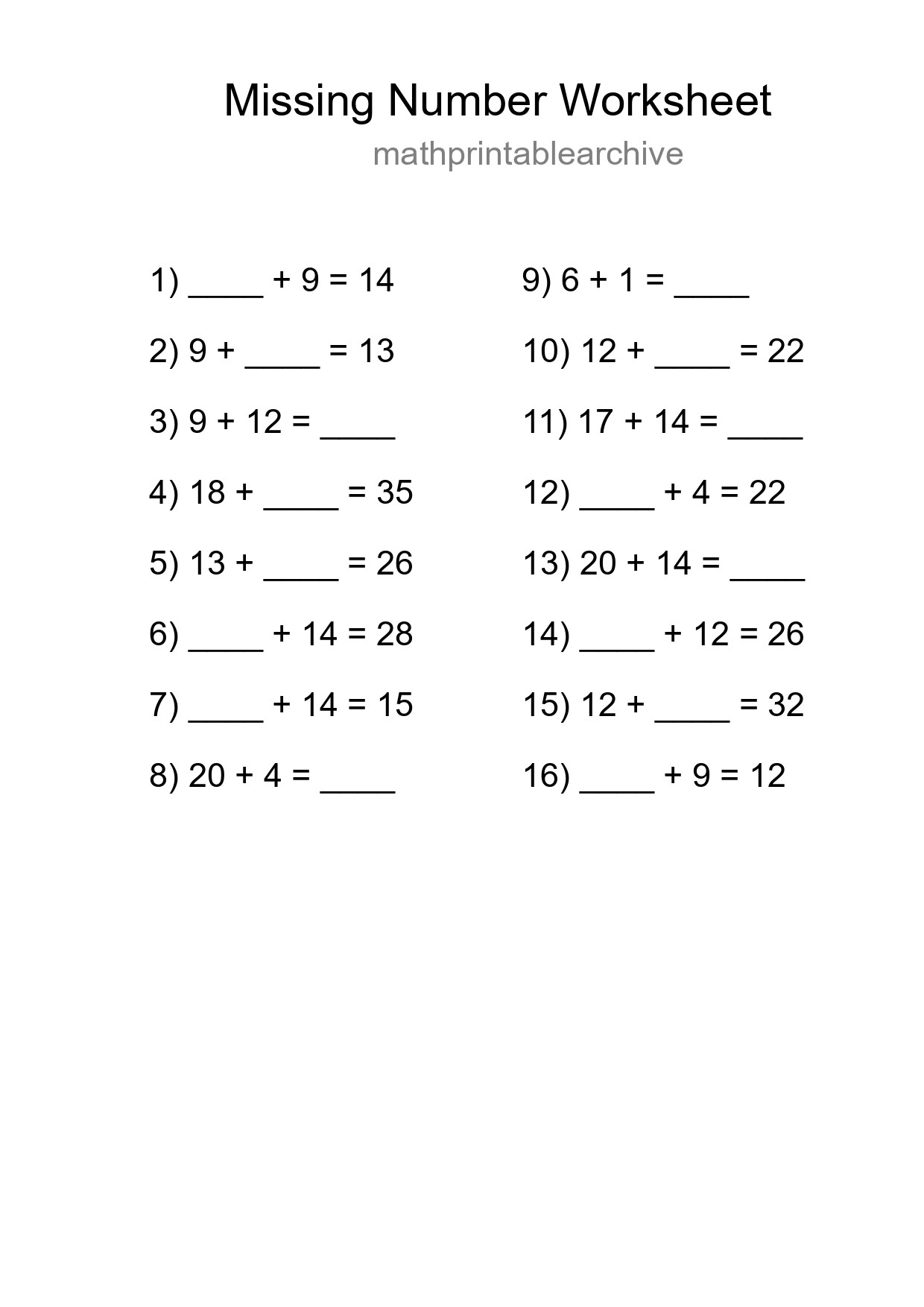 Missing Number Math Worksheet