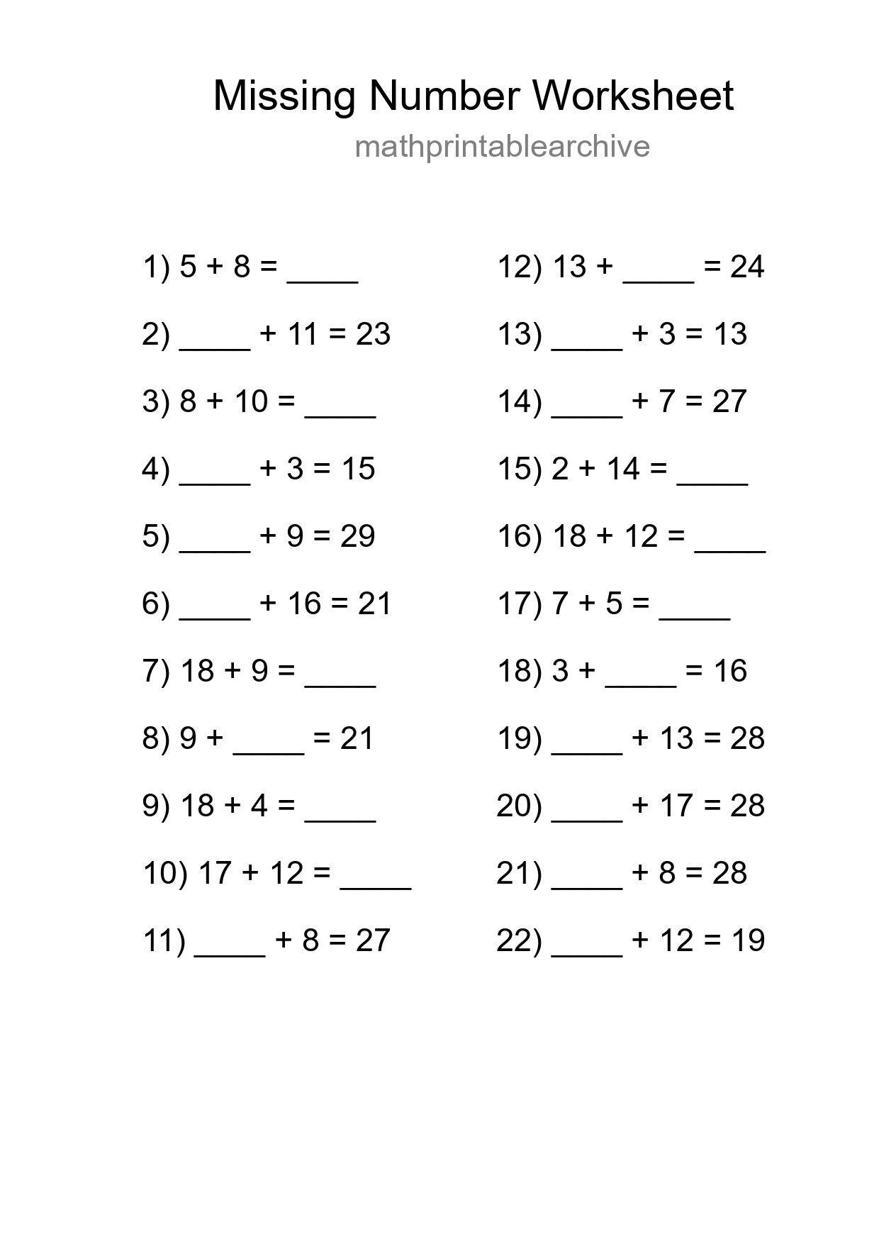 Missing Number Math Worksheet