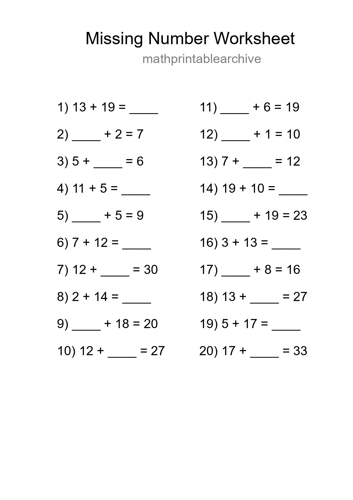 Missing Number Math Worksheet