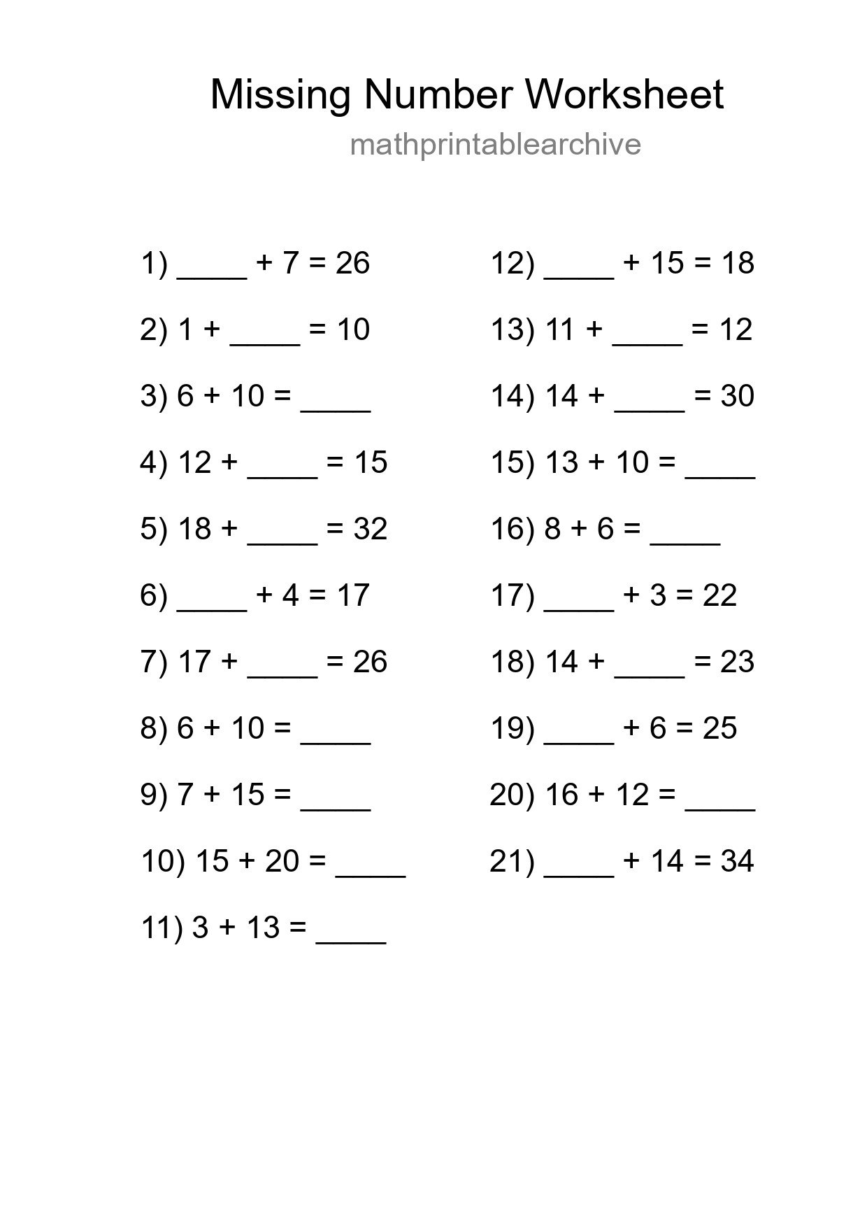 Missing Number Math Worksheet