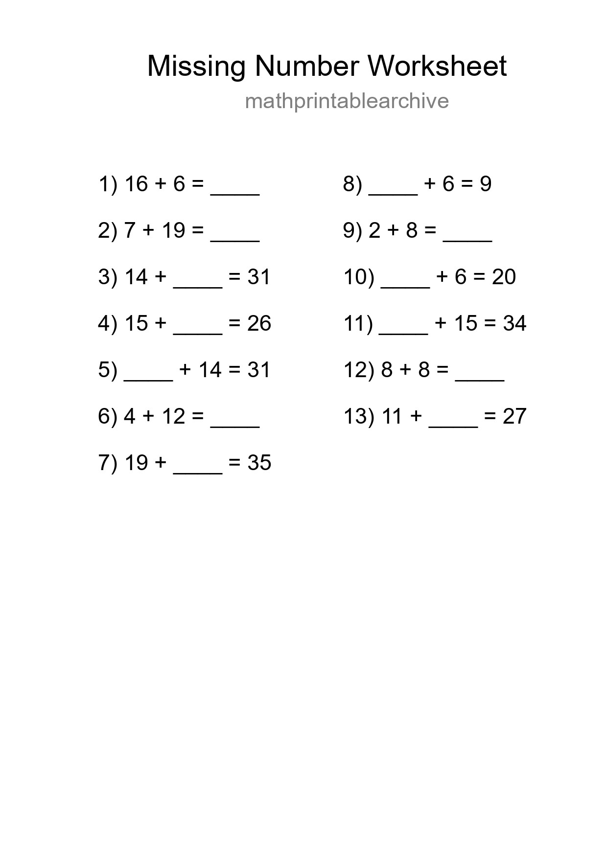 Missing Number Math Worksheet