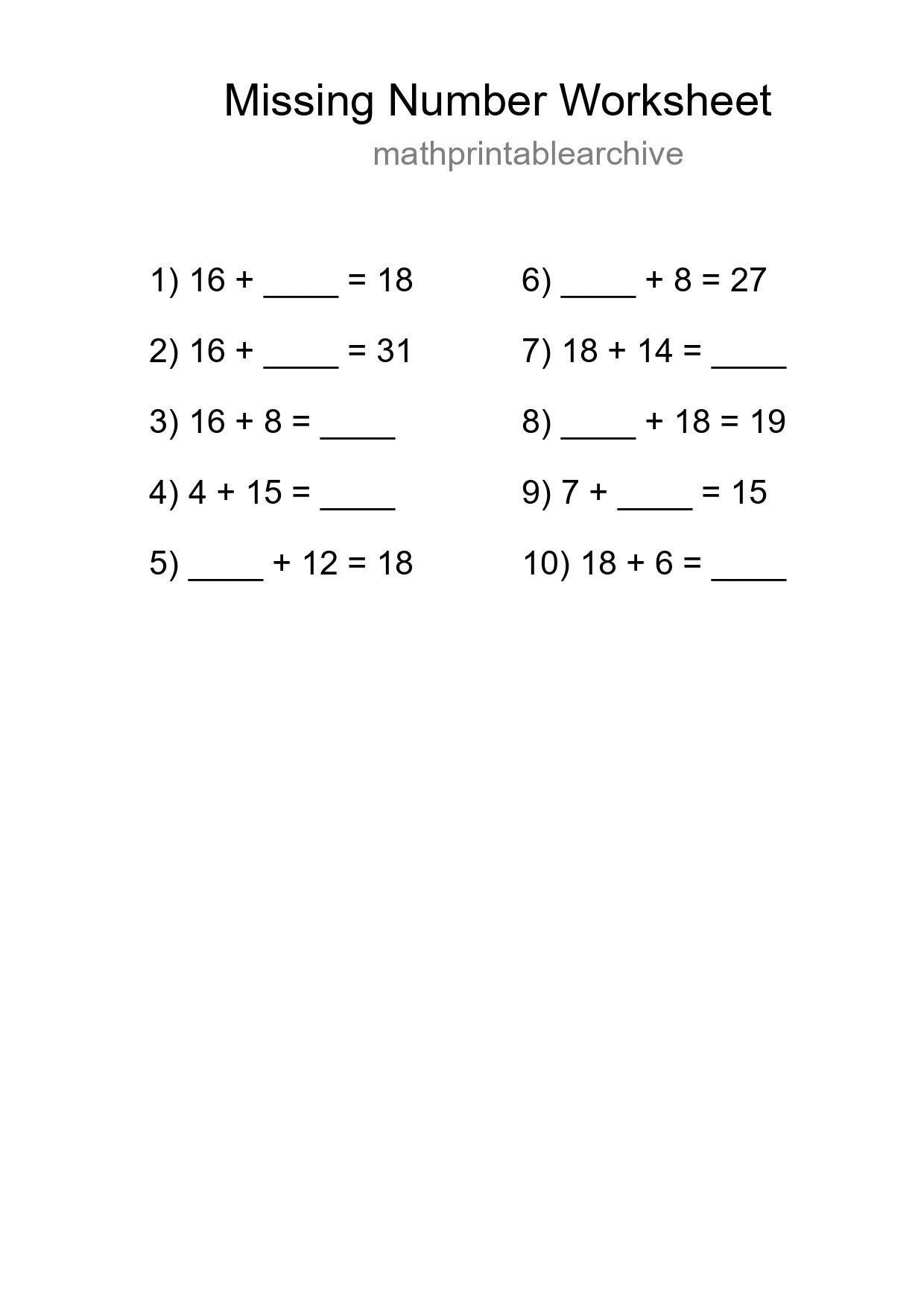 Missing Number Math Worksheet