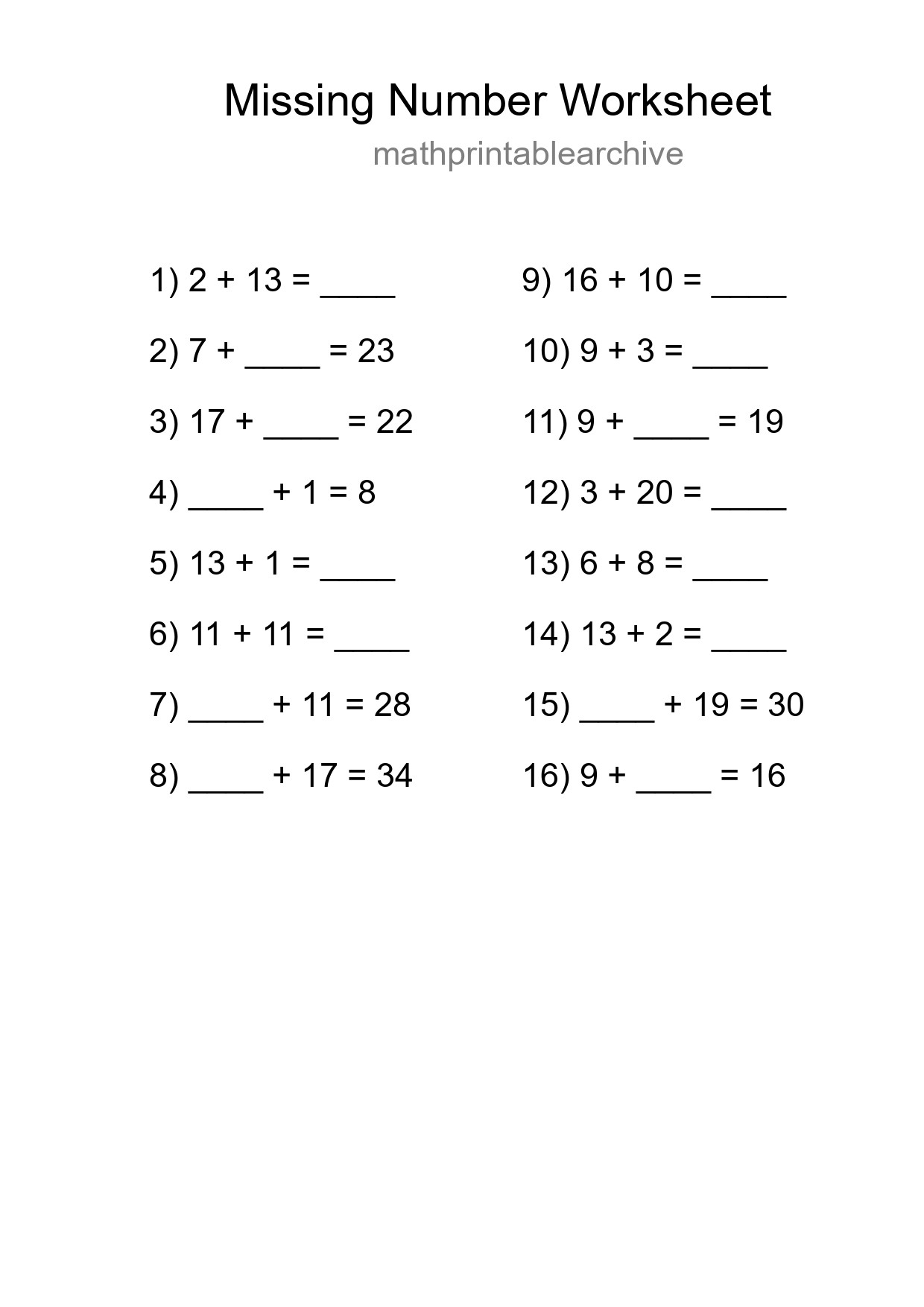 Missing Number Math Worksheet