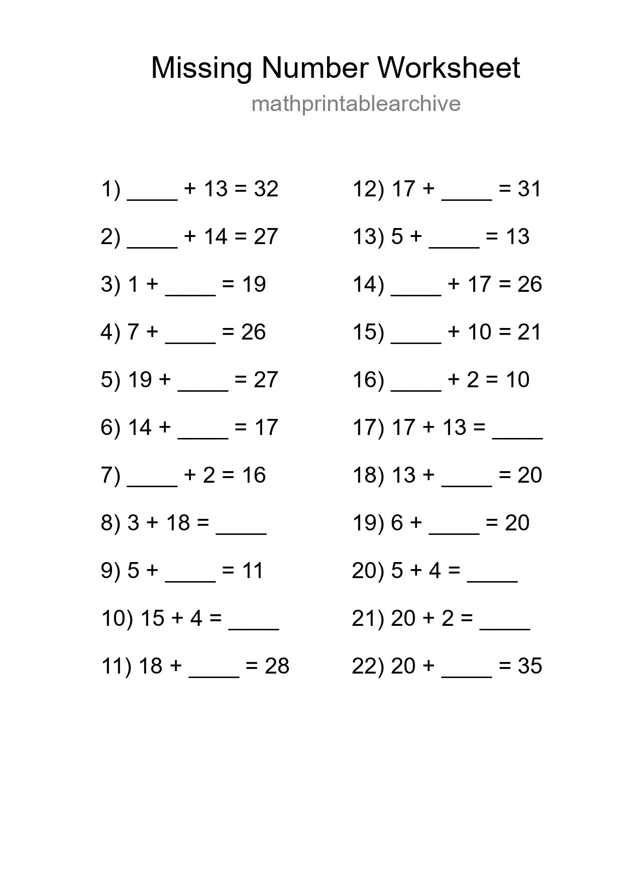 Missing Number Math Worksheet