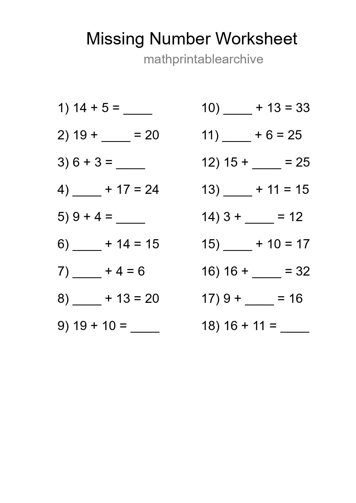 Missing Number Math Worksheet