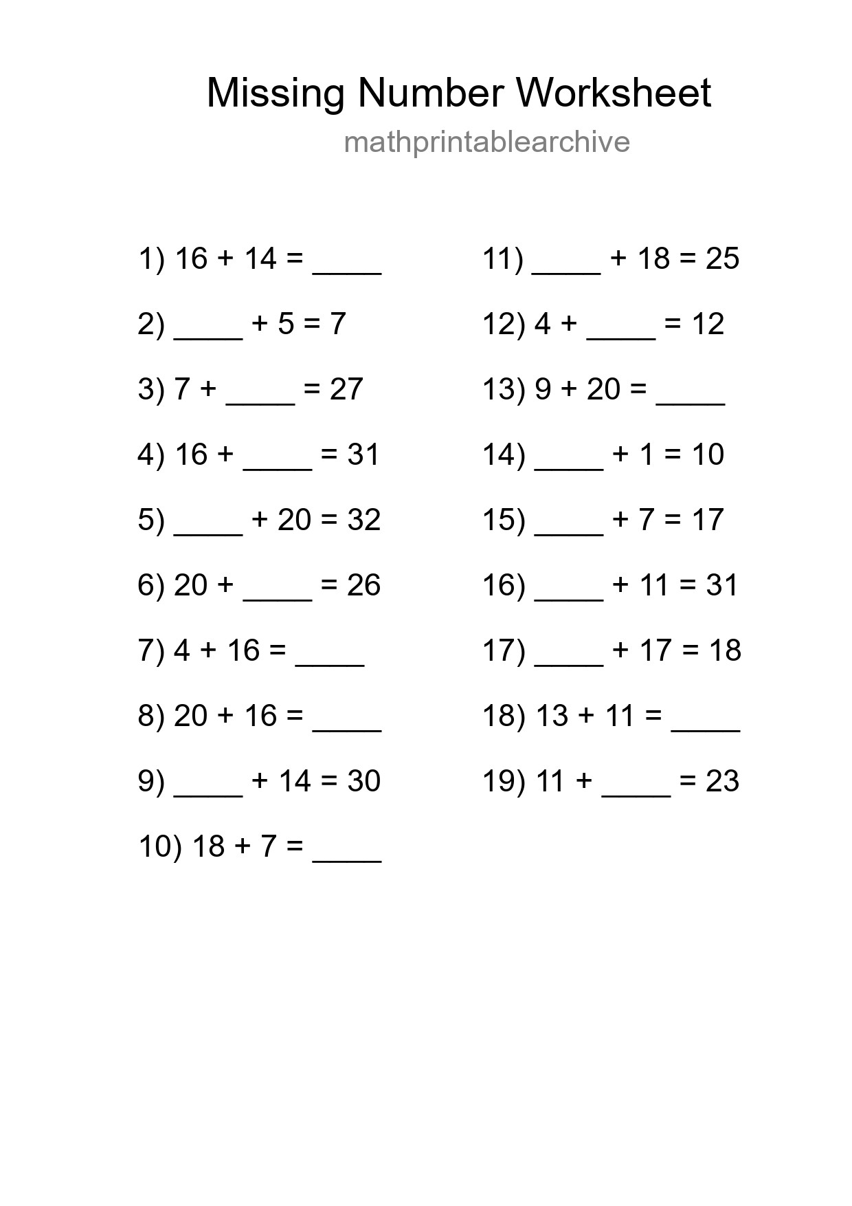 Missing Number Math Worksheet