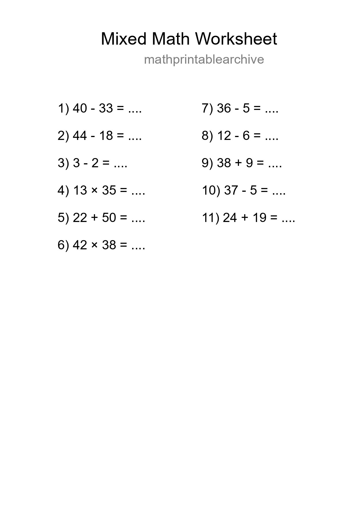 Mixed Operations Math Worksheet