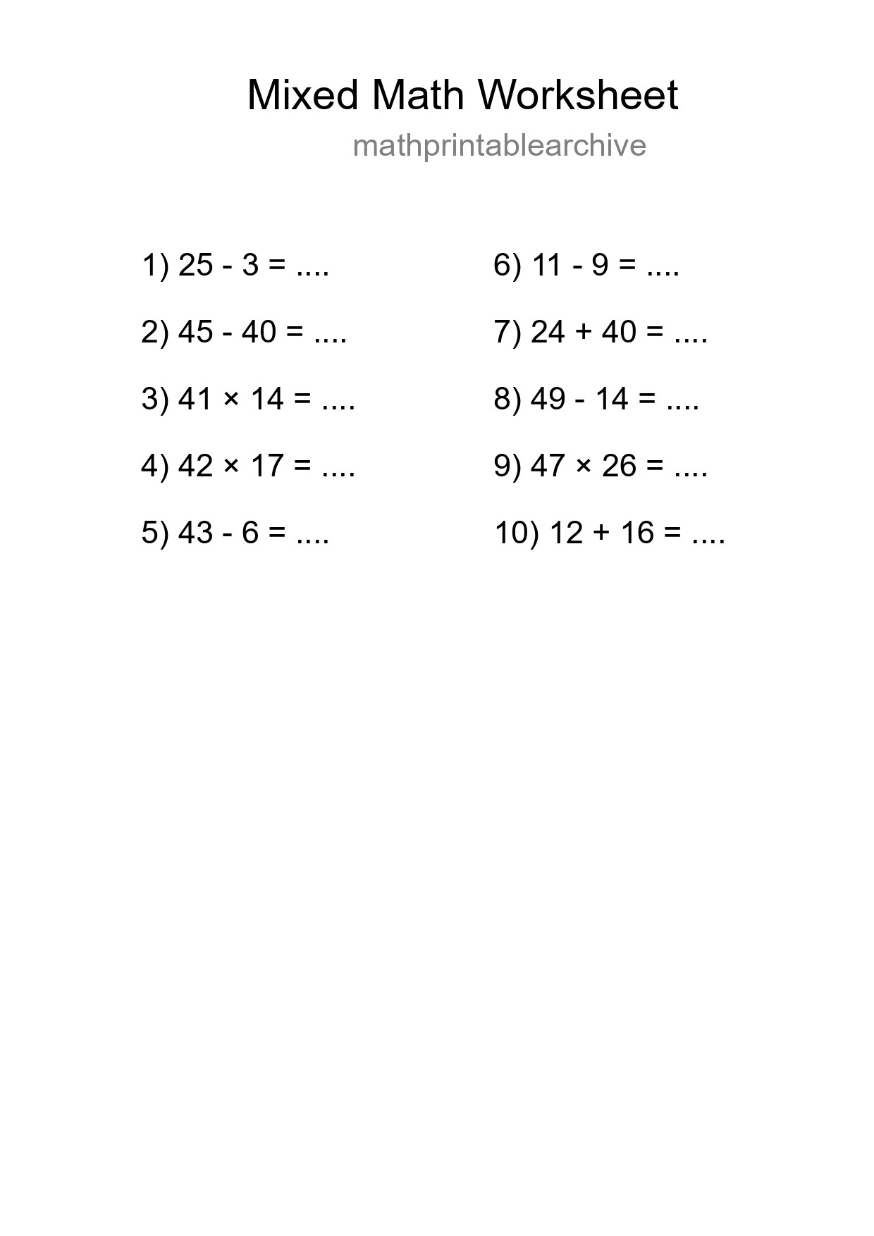 Mixed Operations Math Worksheet