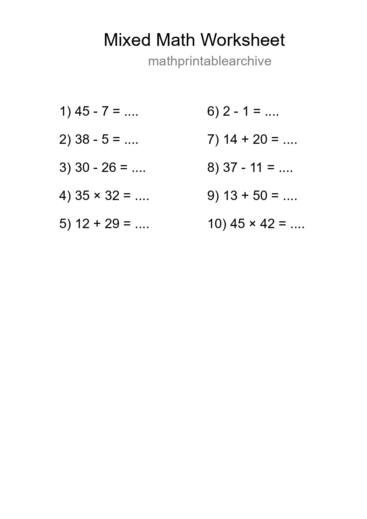 Mixed Operations Math Worksheet